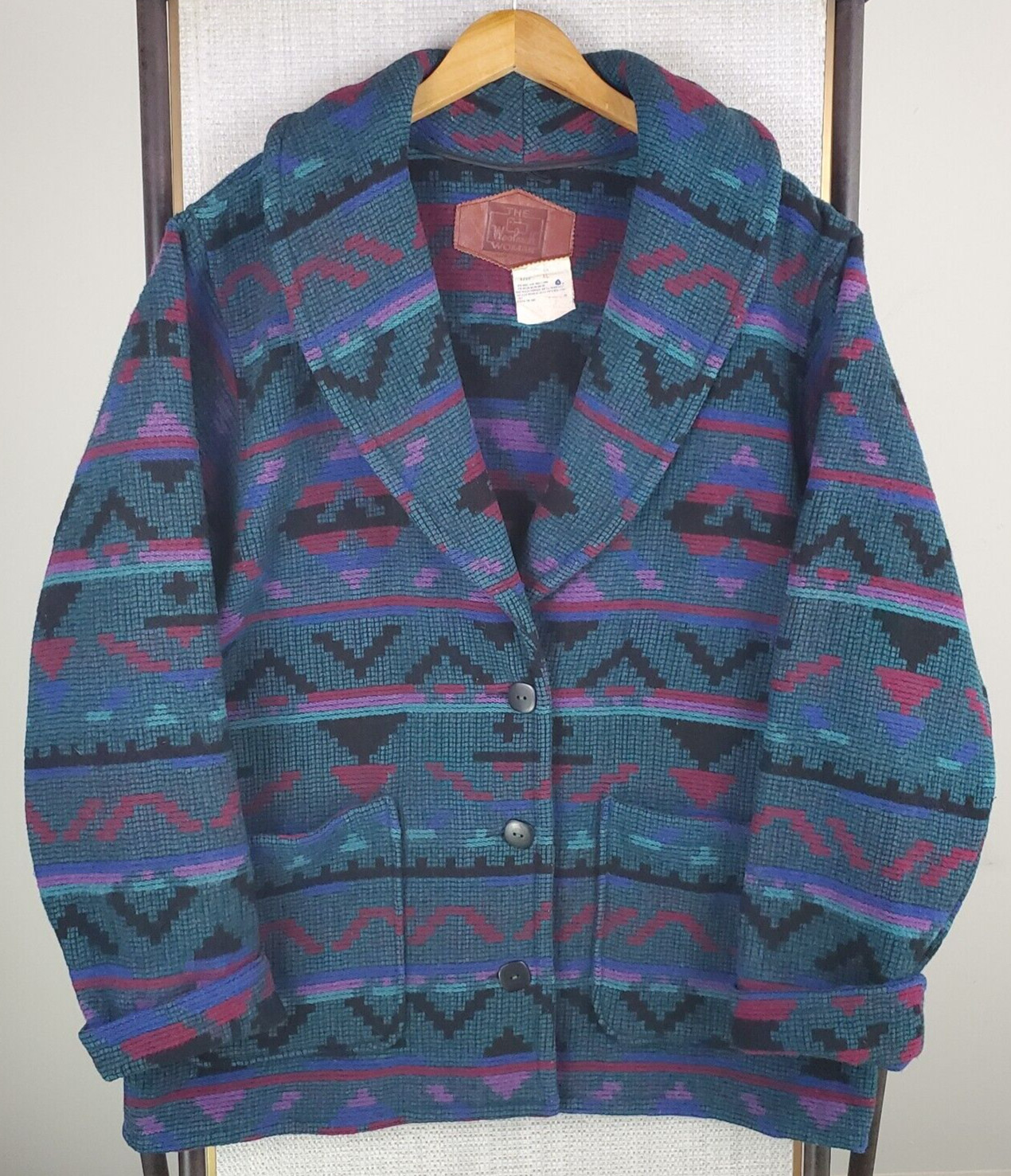 VTG WOOLRICH Size XL Womens Wool USA Made Southwest Shawl Chore Coat Turquoise