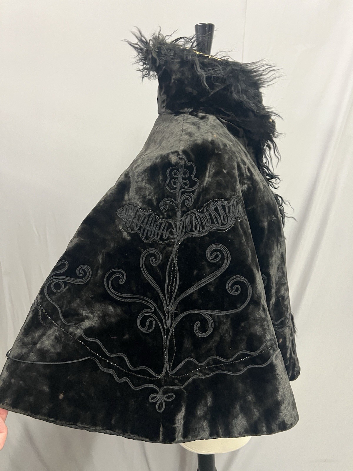 1890’s Antique Black Plush Velvet Cape Narrow Soutach & Jet Bead Trim