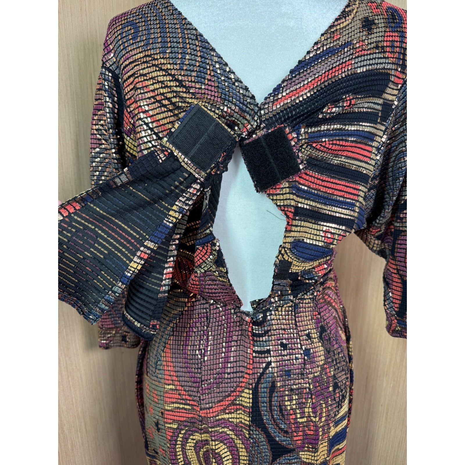 Vintage Janine of London La Vie Mosaic Metallic Knit Midi Dress Gold Red Sz M