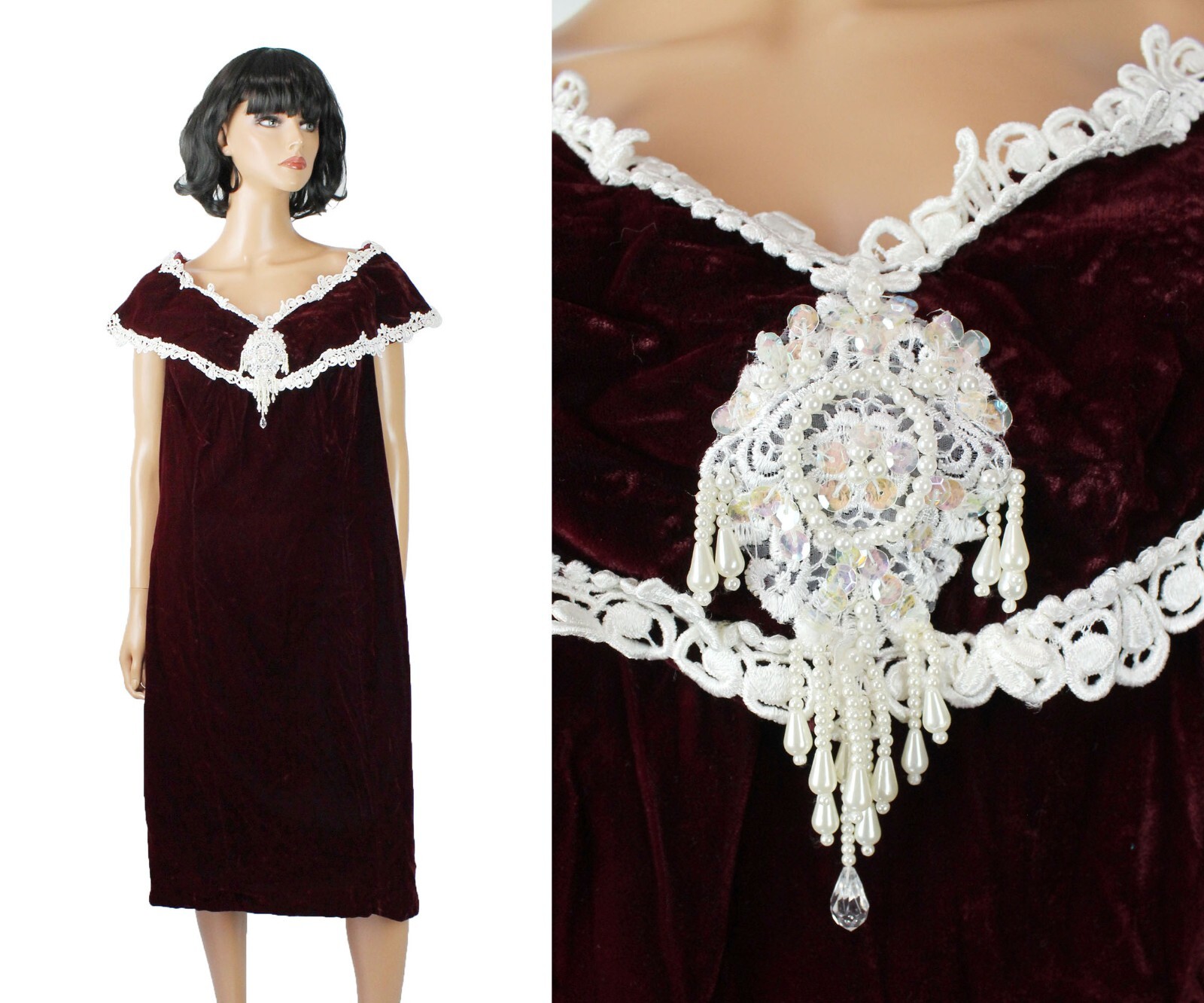 80s Prom Dress 16W XL Vintage Dark Red Crushed Velvet White Lace Wiggle Gown