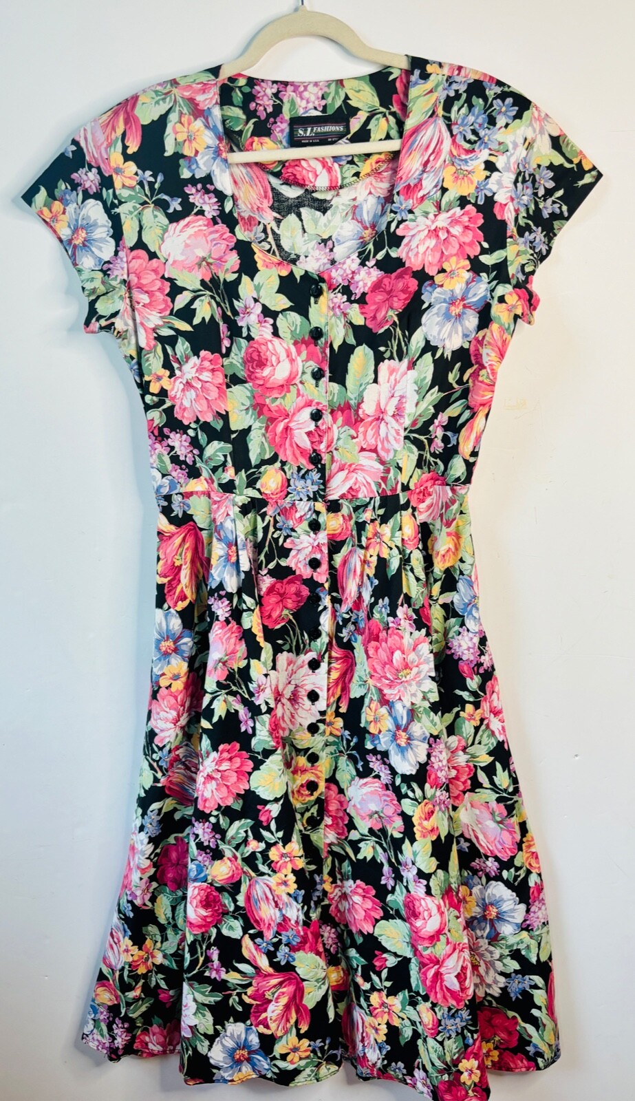 VTG 80&rsquo;S-90&rsquo;S SL FASHIONS FLORAL BLACK PINK COTTON TEA PARTY GARDEN DRESS*18 M/L