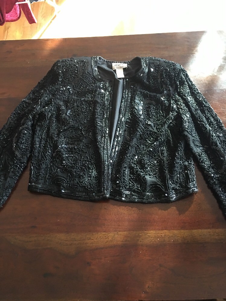 Vtg Vintage D&rsquo;ore Silk Black Beaded Detail Jacket Dress Coat Size Large