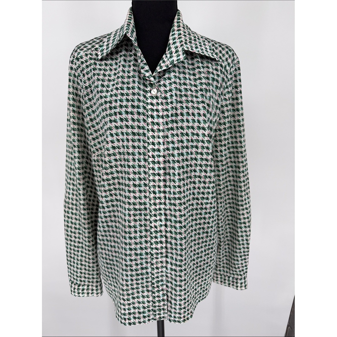 ALEX COLEMAN Green White Pink VTG Houndstooth Print Blouse