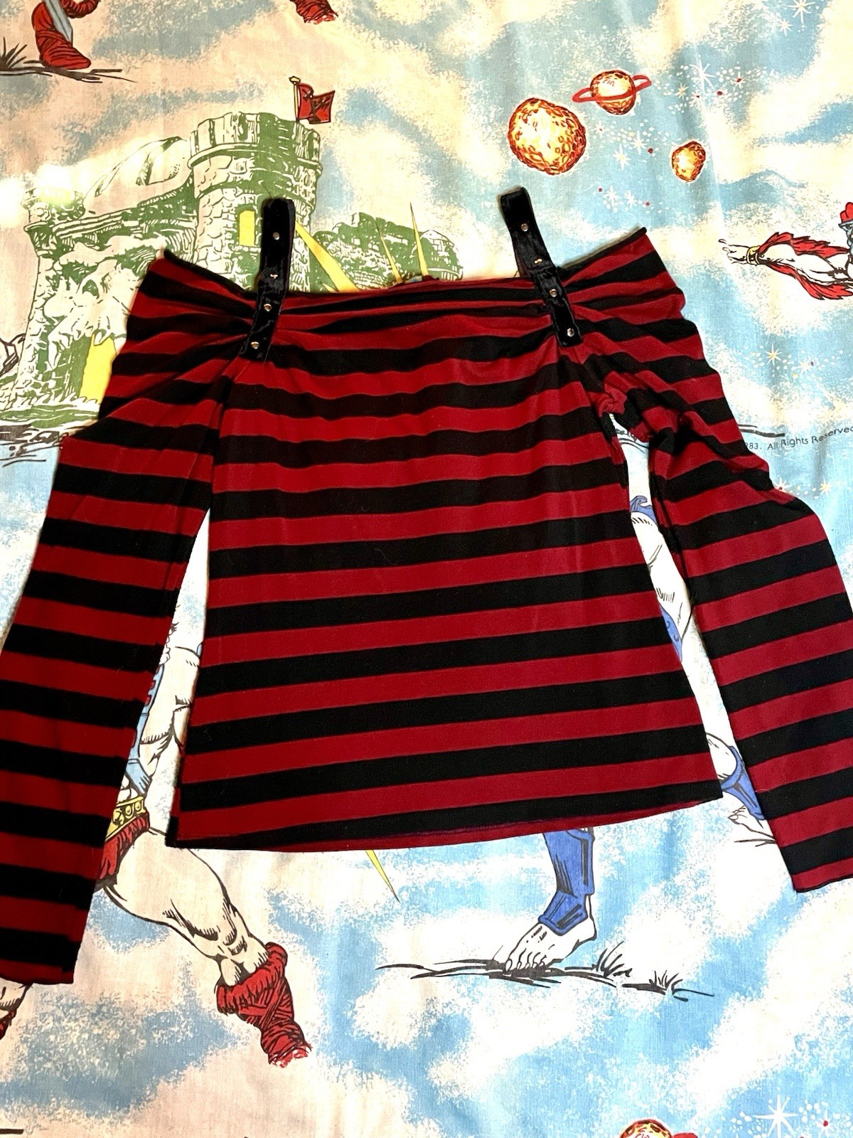 Y2K Off-Shoulder Red & Black Striped Goth Top w/ Strap Detail | Grunge Mall Alt