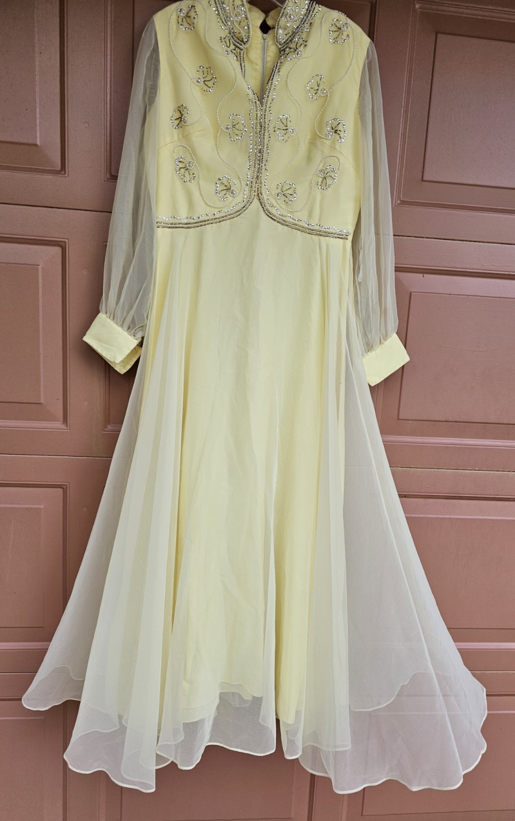 Vintage Custom Made Yellow Chiffon 1970s Formal Dress M