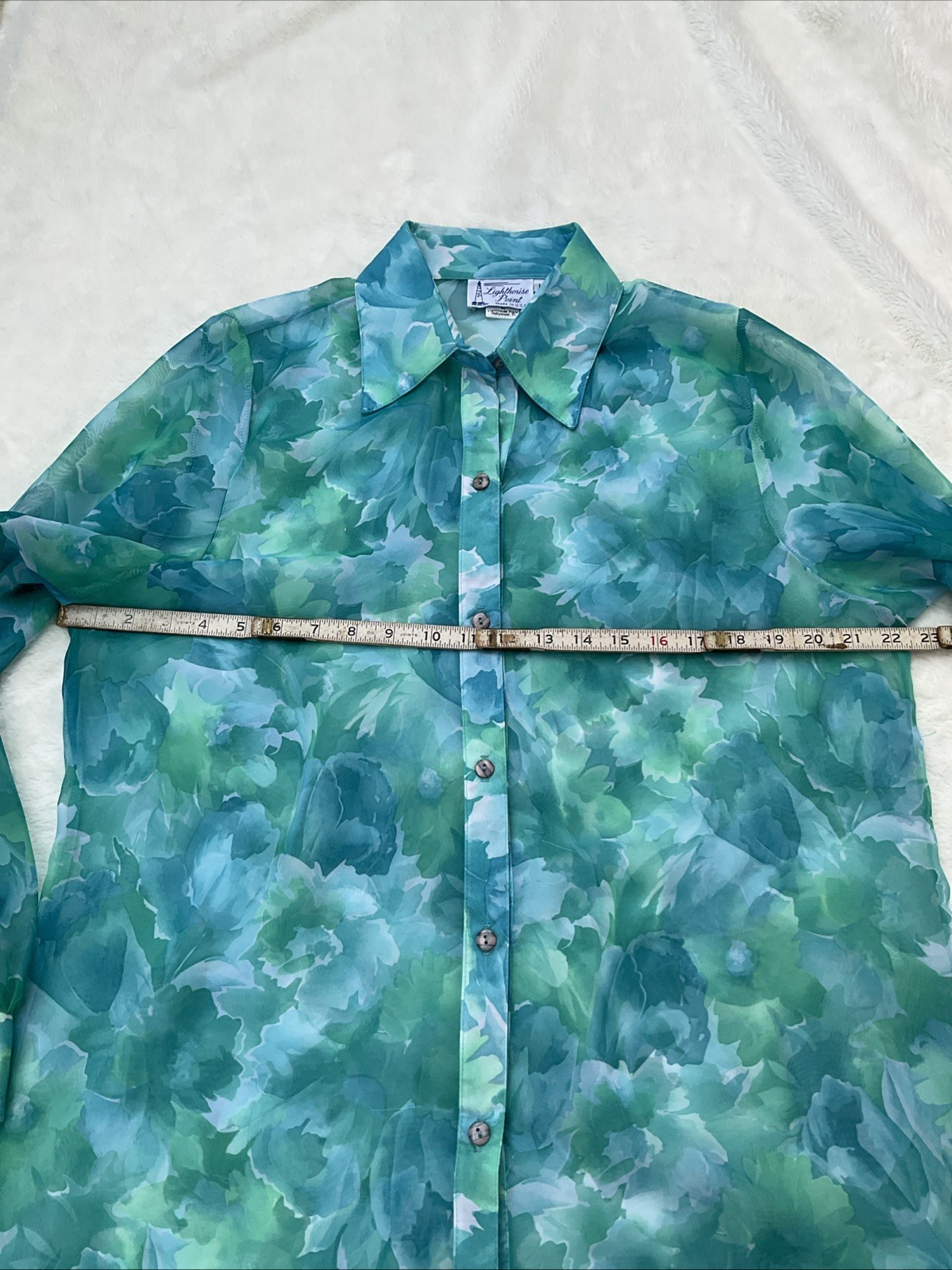Vintage Lighthouse Point Coastal Grandma Sheer Floral Blouse Button-Up Sz L