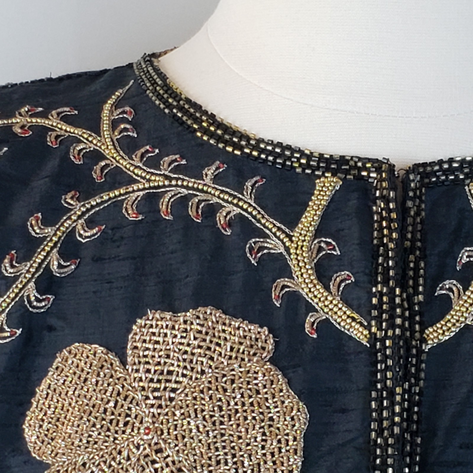 Vintage Starlight Evening Jacket XXL Black Silk Gold Beading Embroidery Handmade