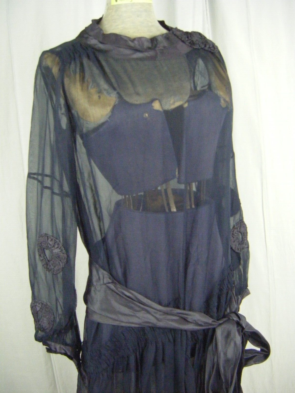 Antique 1927 Navy Blue Chiffon Silk Flapper Dress & note 3 pcs-Bust 38/2XS-XS