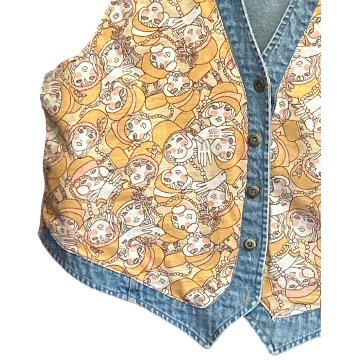 90s Cherokee Denim Vest Flapper Novelty Print Art Deco Kitschy Retro Waistcoat