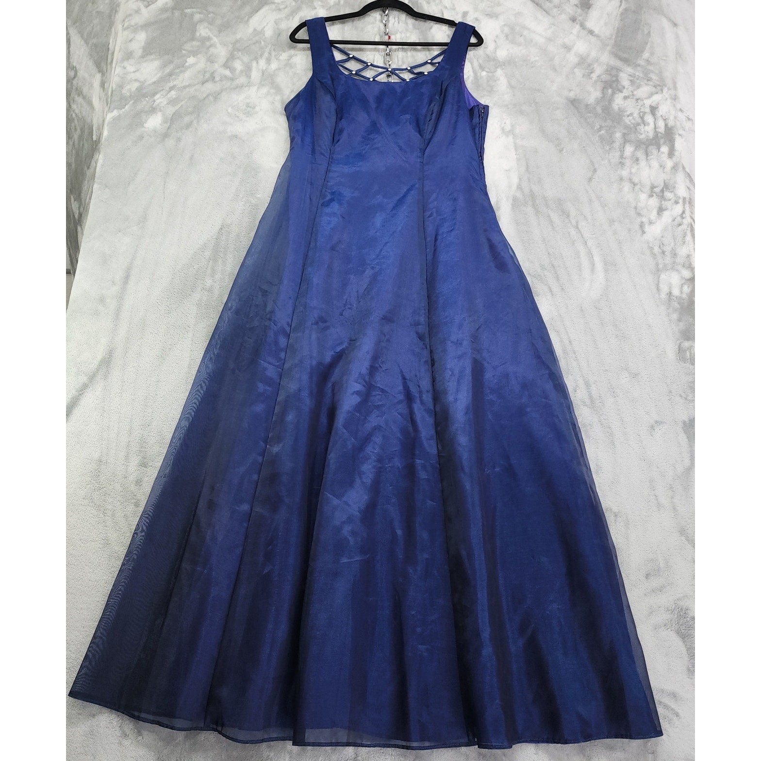 Vintage NIKI by Niki Livas Dress Size 14 Blue Gown Open Back Rhinestones Formal