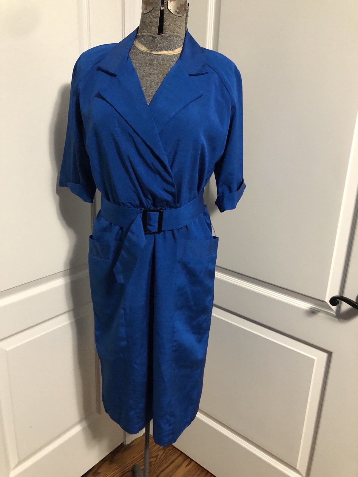 vintage metallic blue secretary office school teacher dress belted 80s M/L