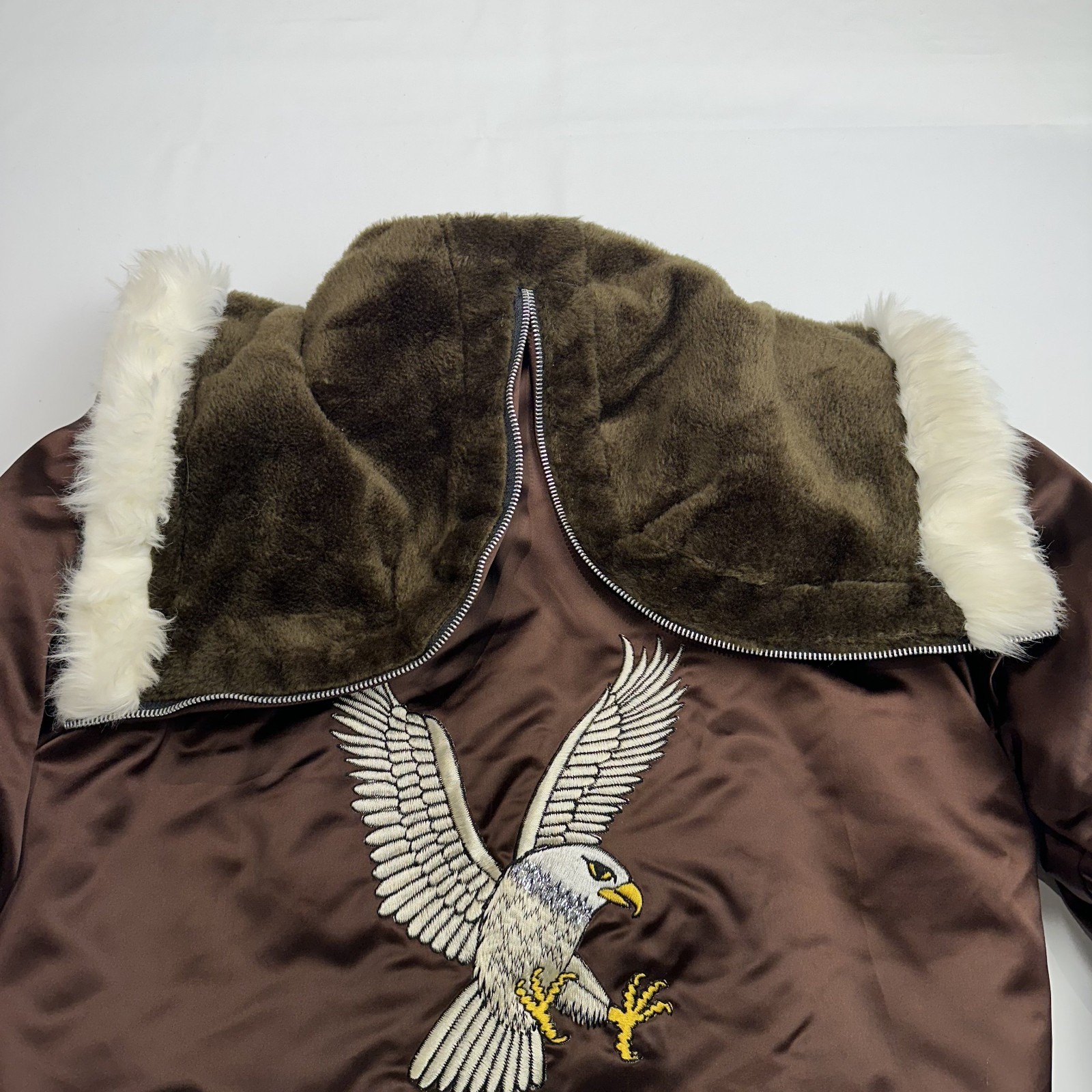 70s VTG Bomber Korea Souvenir Jacket Eagle Faux Fur Split Hood Embroidered Large
