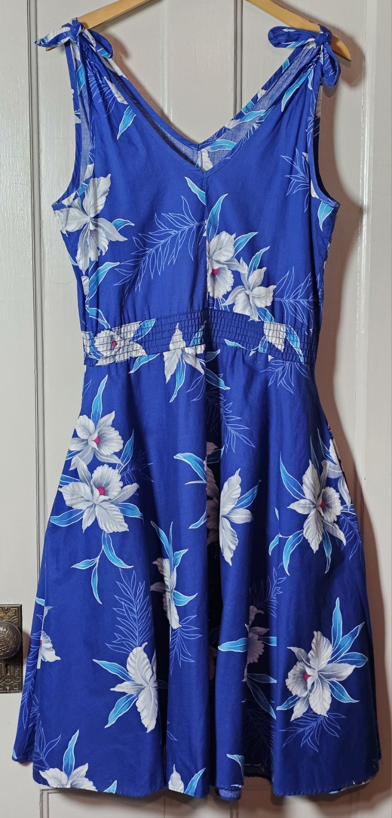 VGT 90s Banana Bay Dress Size M Blue Cotton Tropical Floral Hawaiian Hibiscus