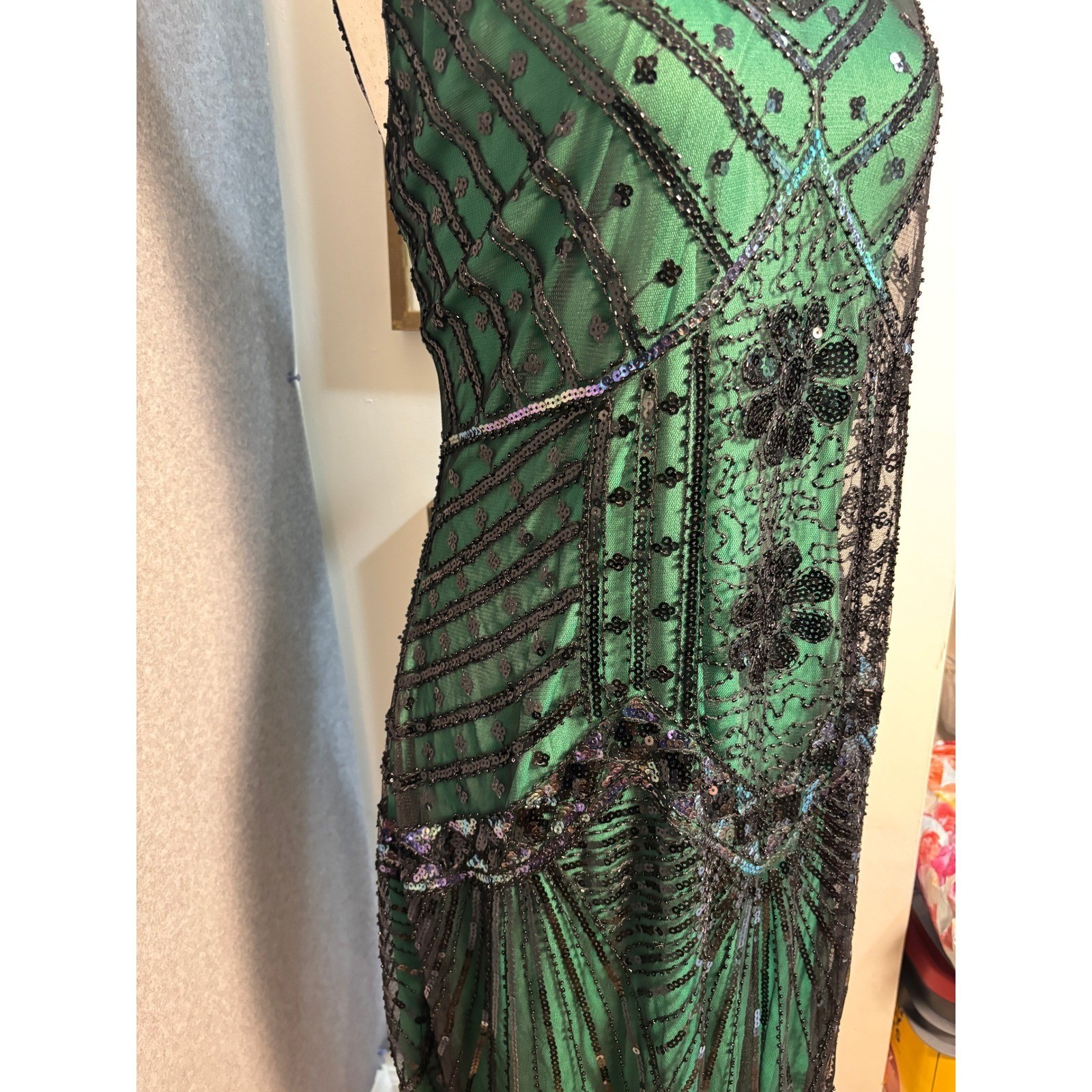 BABEYOND Green Black Sequin Fringe Flapper Dress Gatsby Art Deco 1920s NWT 2XL