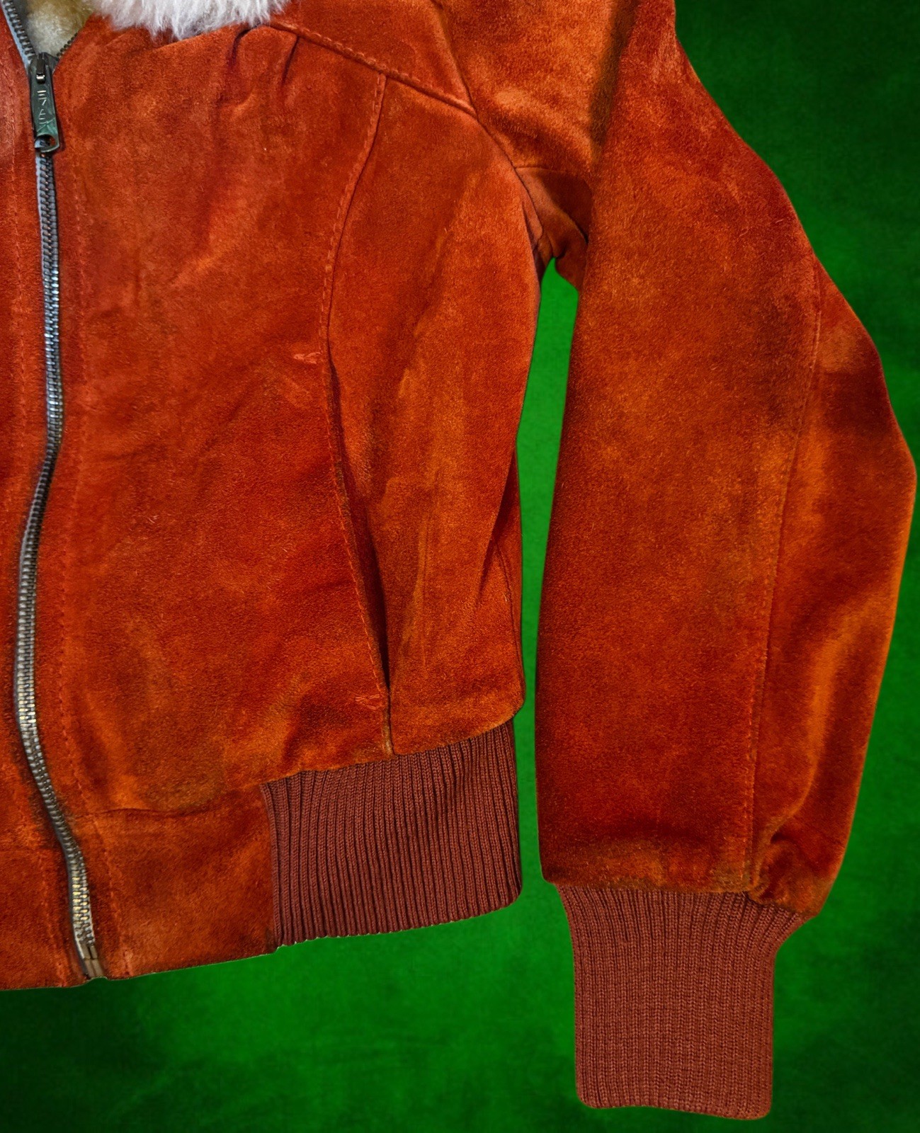 Vintage 70s Rust Suede Bomber Jacket Uruguay Wool Collar Womens XS/S Cropped