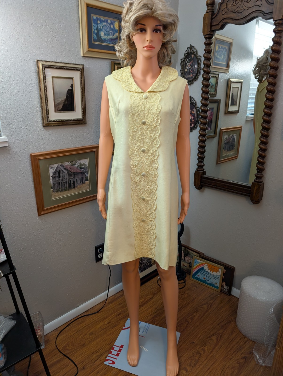 Vtg homemade 50s yellow summer dress, measurements in pictures
