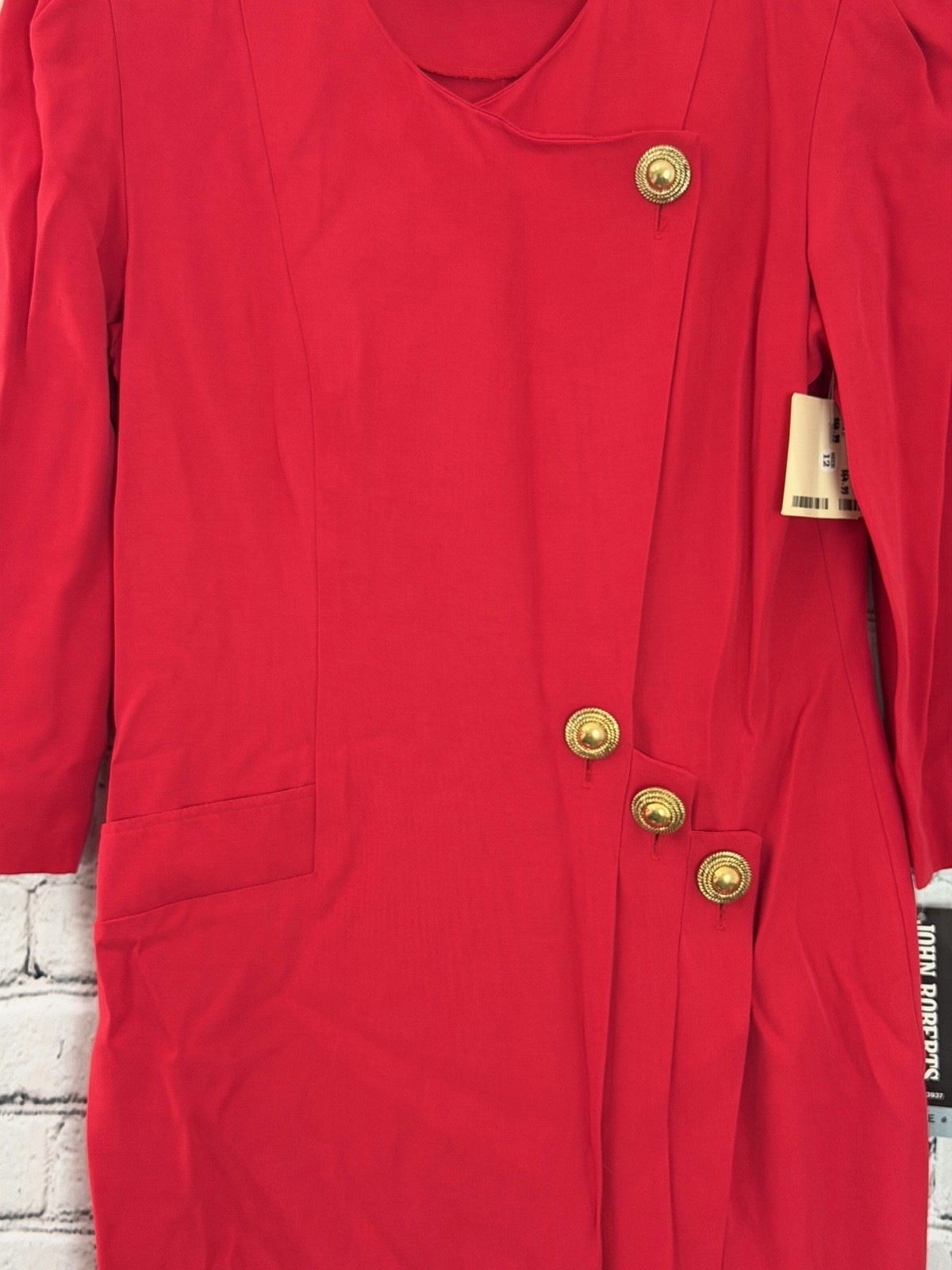 Vtg. 1980s John Roberts Red Wrap Dress with Gold Buttons Shoulder Pads Sz 12 New