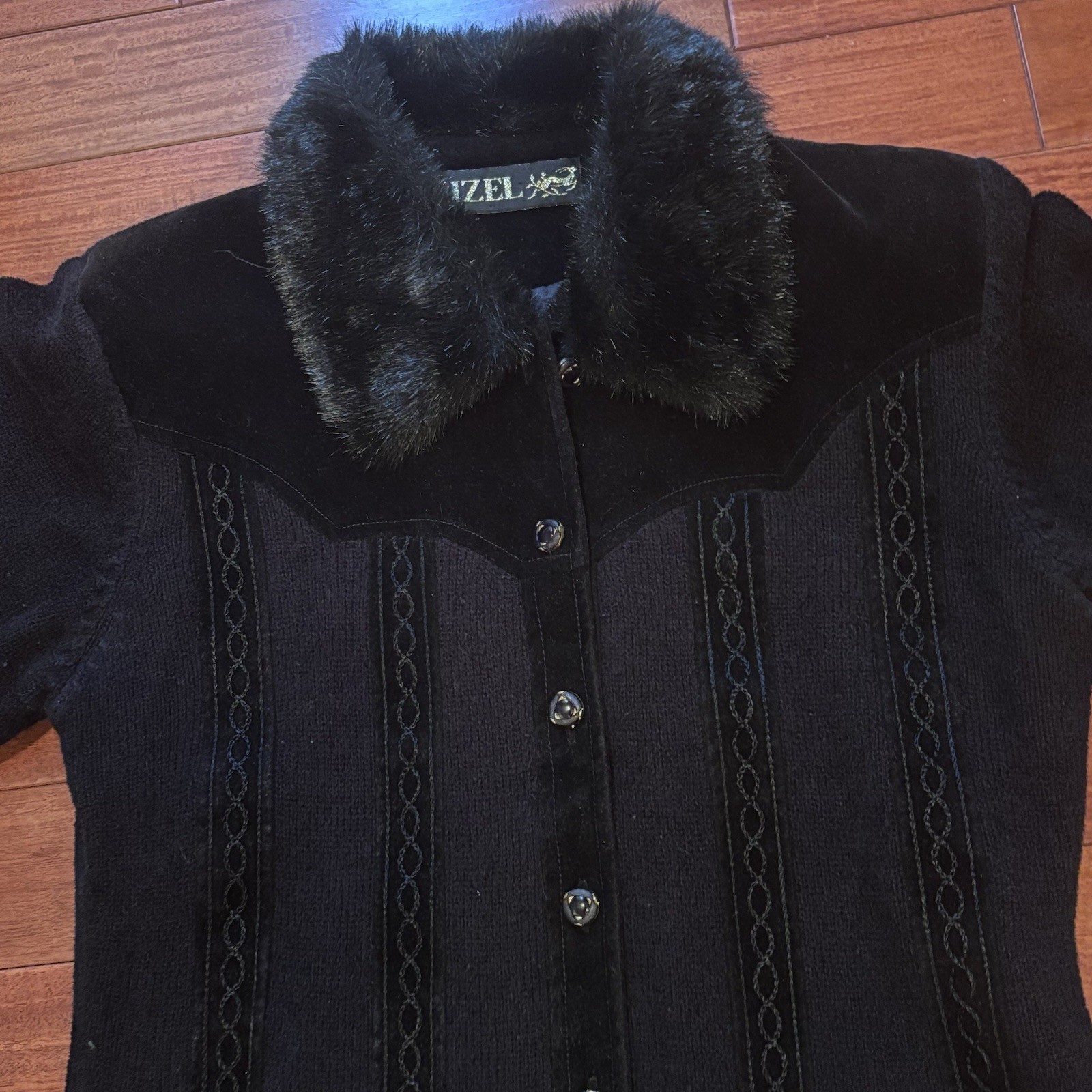 Vtg Gizel Western Chic Sweater Jacket Faux Fur Collar Embossed Braid Stitching