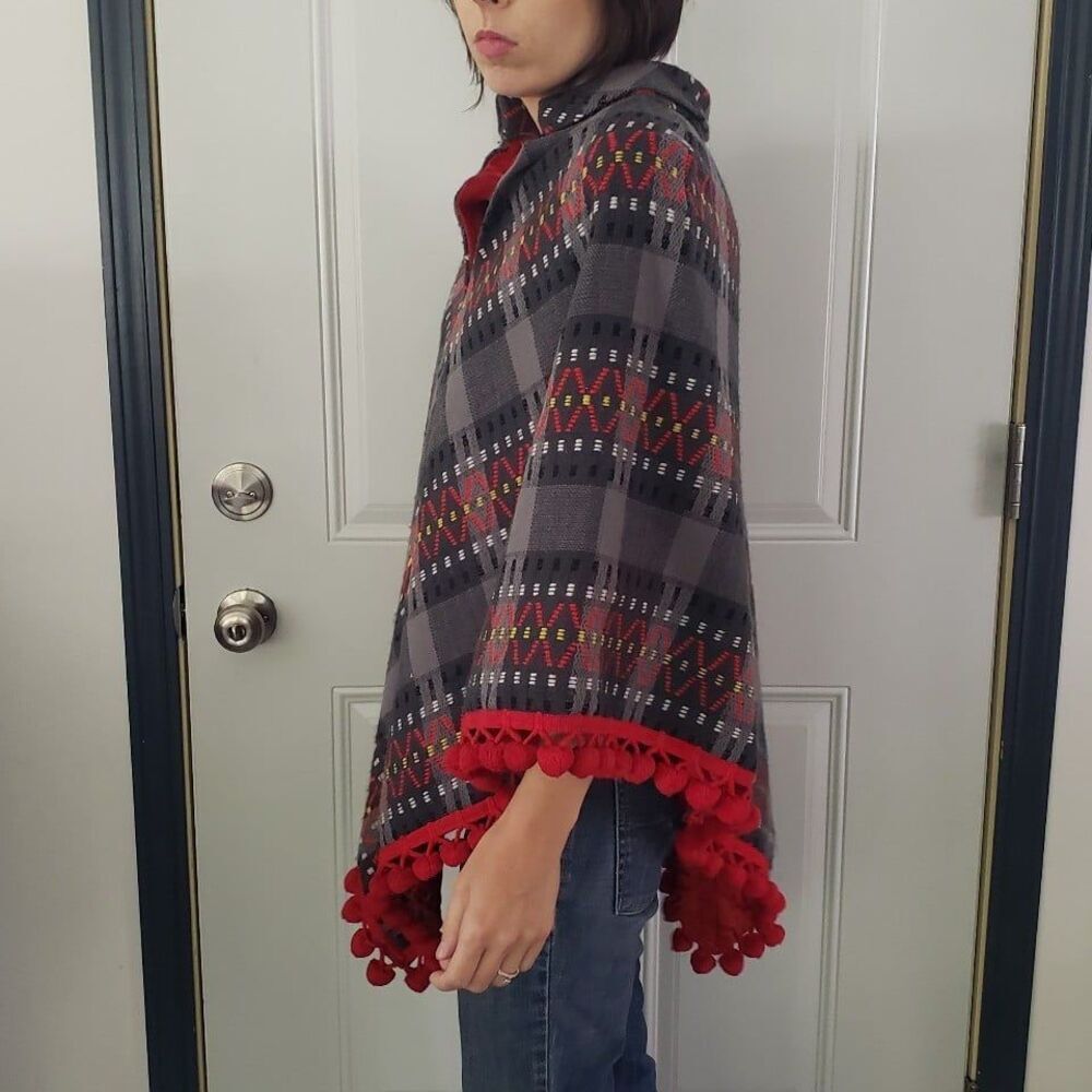 70s Gray and Red Poncho with Matching Scarf