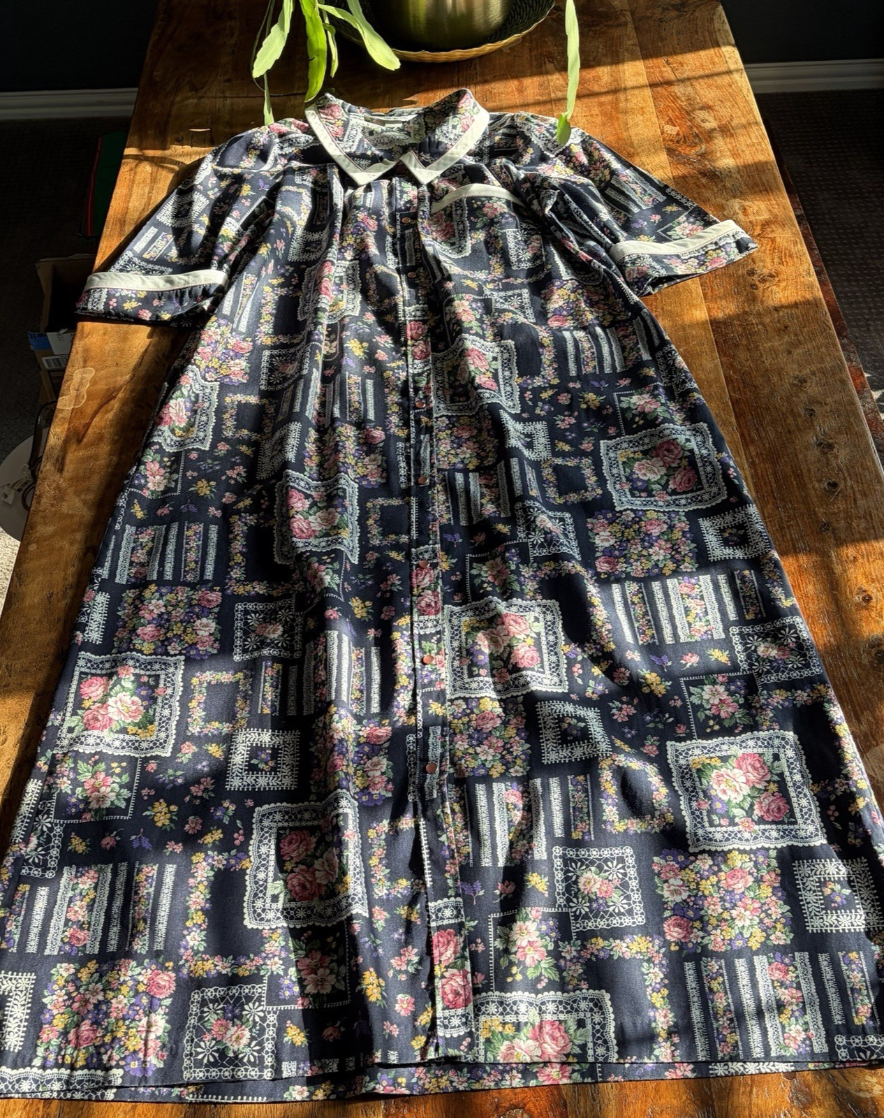 VTG Models Coat House Dress Patchwork Floral Blue Pink Snap Buttons Pockets