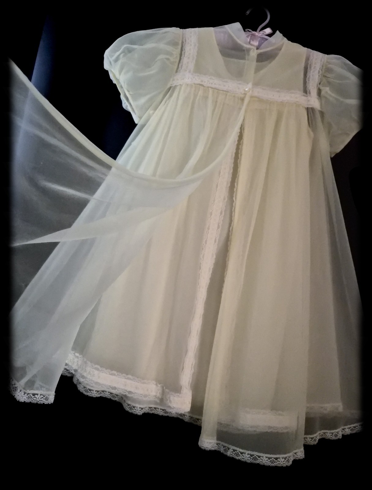 2pc Vintage YELLOW Nightgown PEIGNOIR Robe Set SHEER Chiffon BABYDOLL Dress XS/S