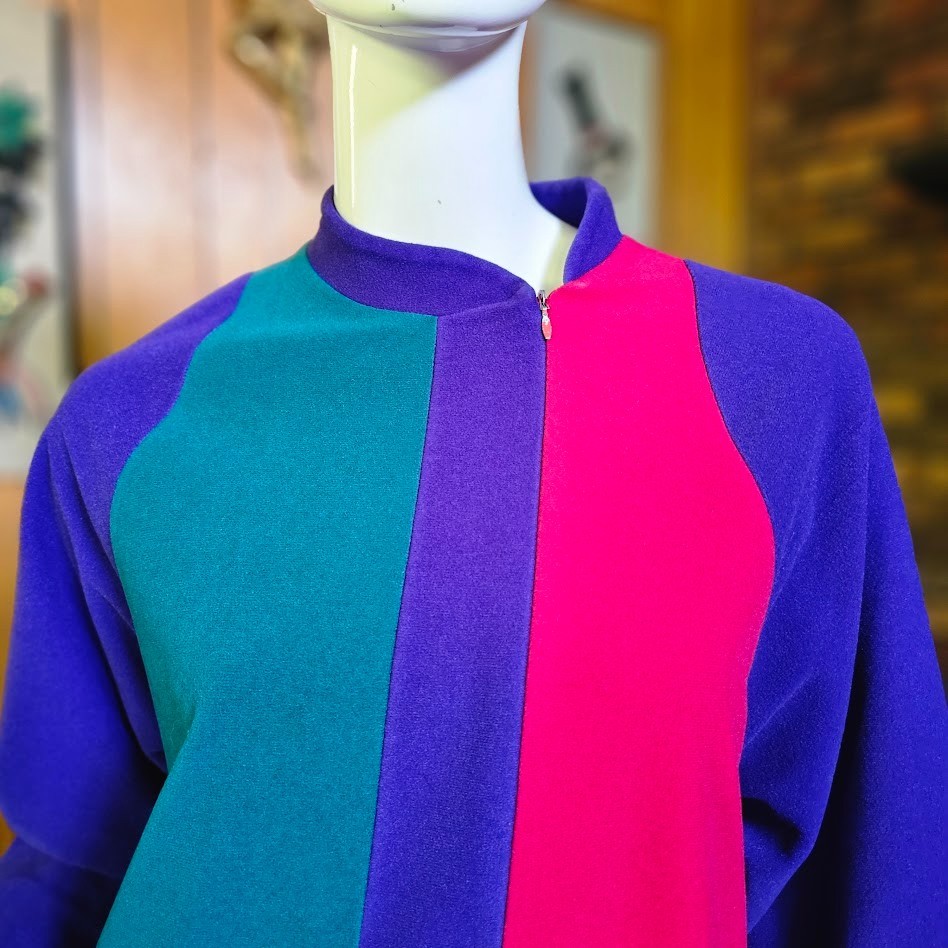 Vtg 80s New Wave Vanity Fair Colorblock Fleece Lounge Maxi Dress Caftan P M/L