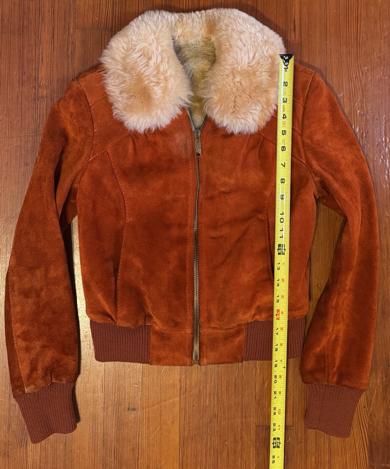 Vintage 70s Rust Suede Bomber Jacket Uruguay Wool Collar Womens XS/S Cropped