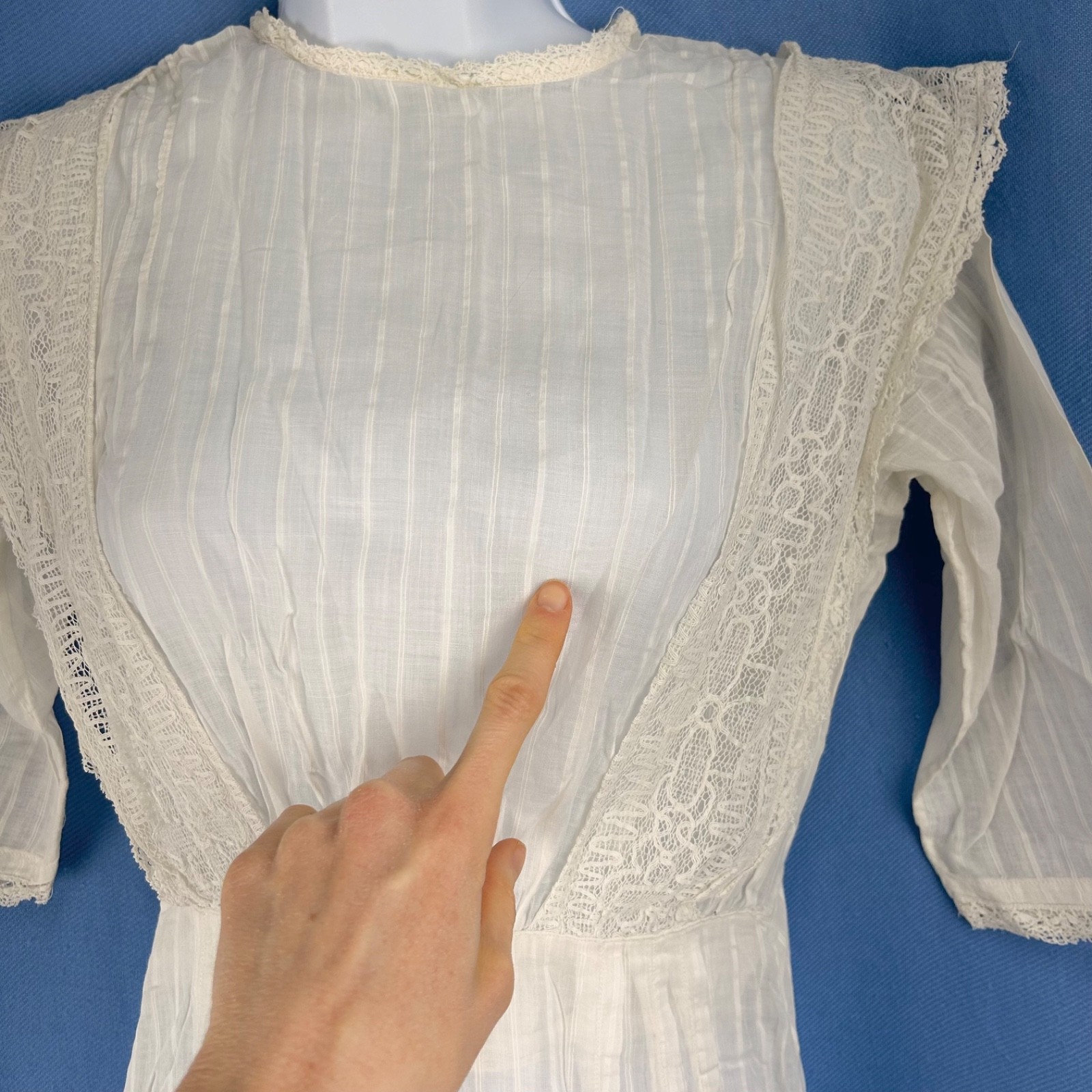 Antique Early 20th Century Sheer White Cotton Tea Gown Pintuck Pleats, Lace