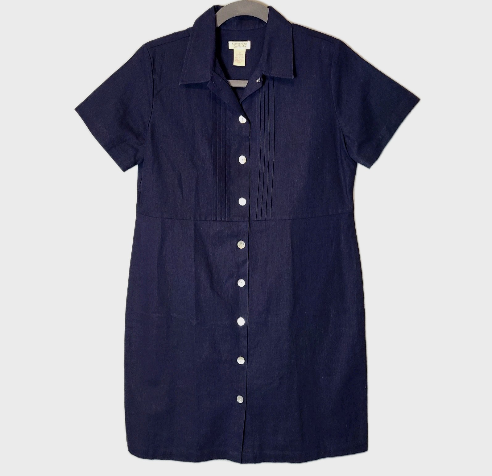 Vtg 90s Minimalist Shirt Dress Luxury Linen Sz 12 Preppy Classic Tailored Navy