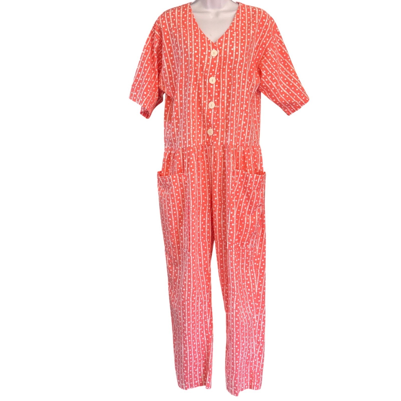 Vintage 80s David Brown Boutique Jumpsuit Eclectic Grandpa Coral Stripe Dot