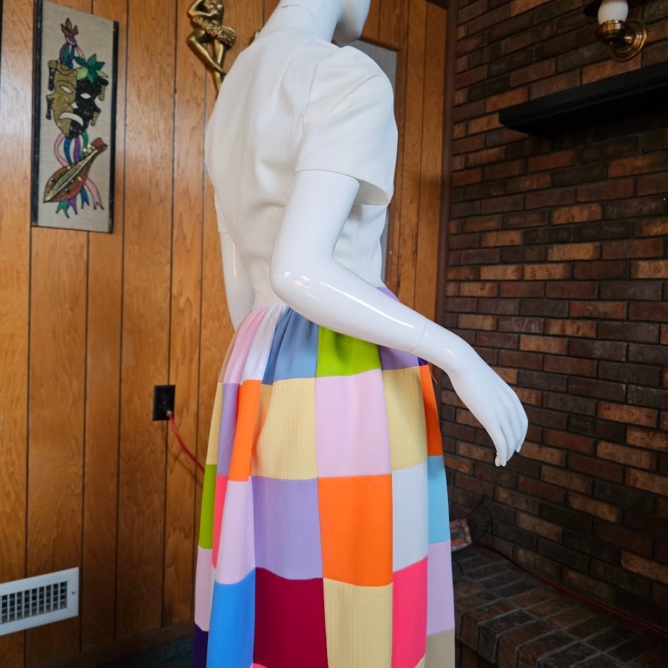 Vtg 70s Hippie Patchwork Rainbow Quilted Skirt Homespun Maxi Zip Front Dress S/M
