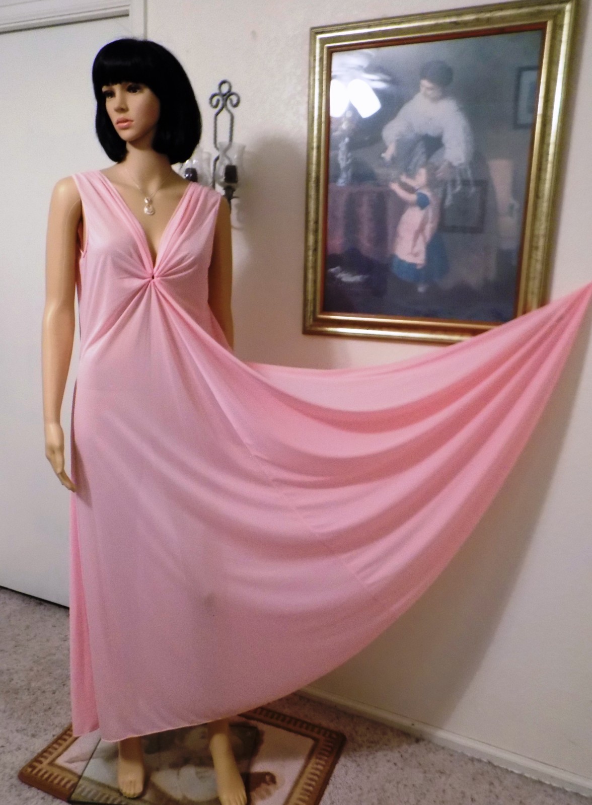 LUCIE ANN vintage Nylon KEYHOLE Grecian Three Bow Nightgown ROSE PINK L large
