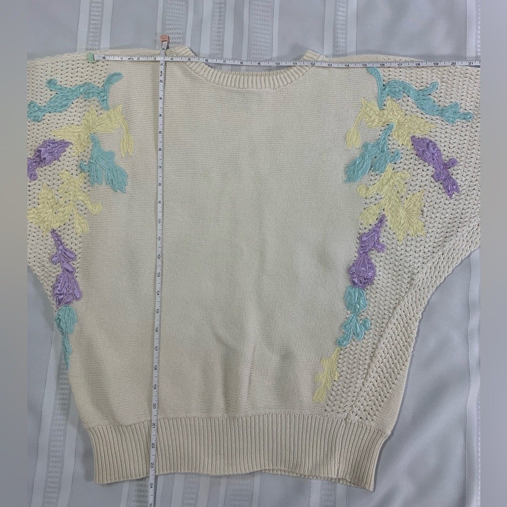 Vintage Kyouko Design Studio Pastel Floral Embroidered Cotton Knit Sweater