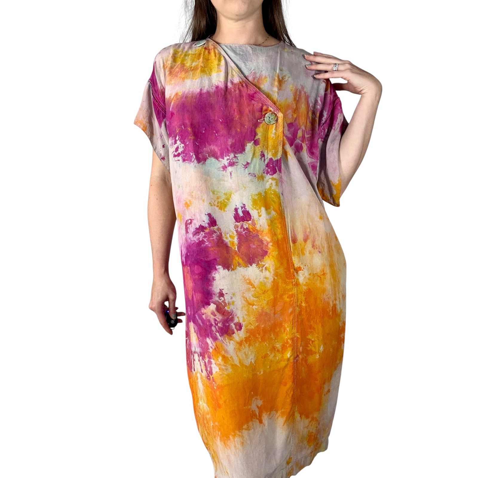 Hand Dyed Vintage 80s Lzinga Silk Shift Dress Orange Magenta Ice Dye Wood Button