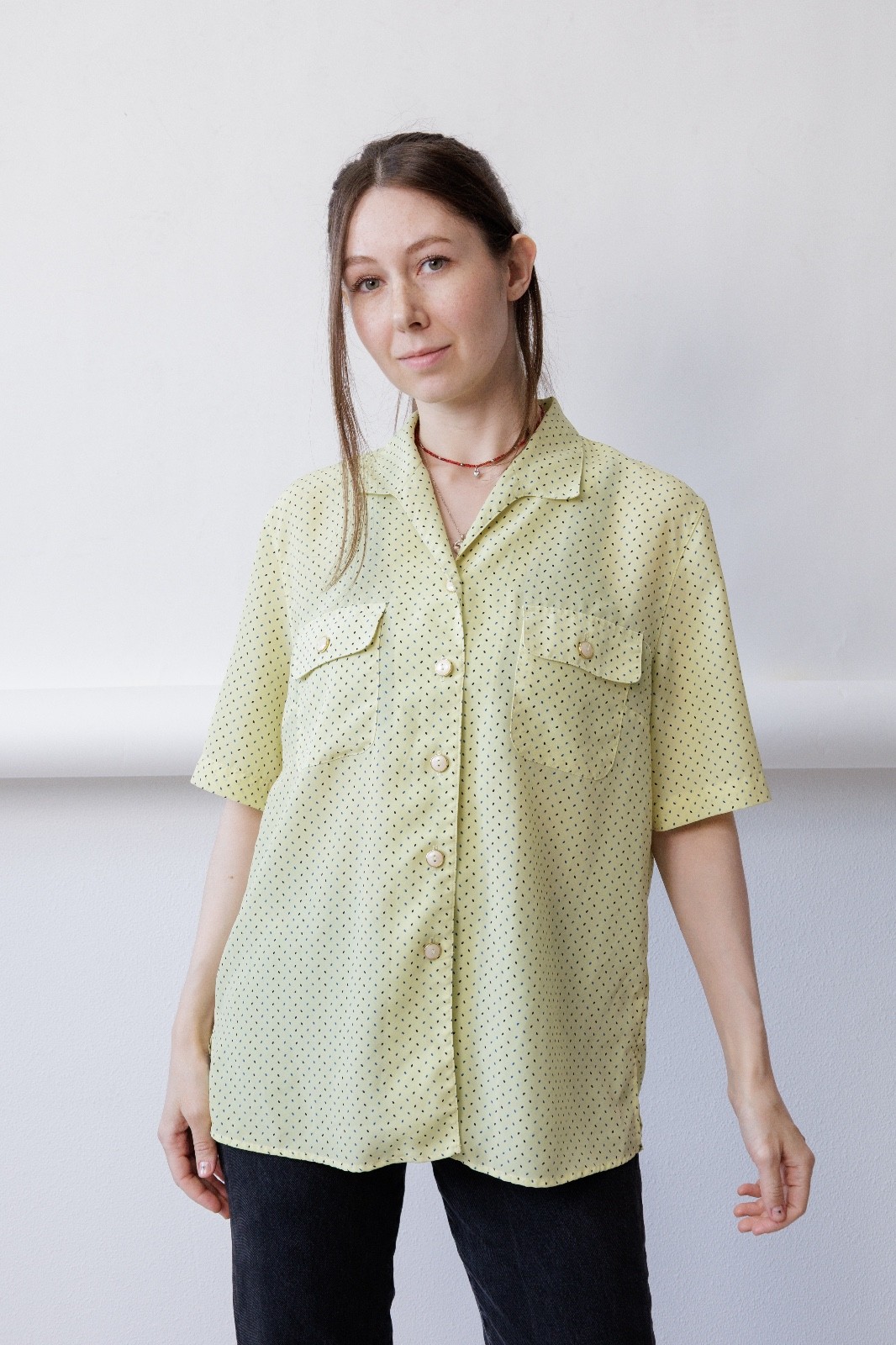 Vintage 80s Pastel Yellow Abstract Dash Print Camp Collar Longline Blouse