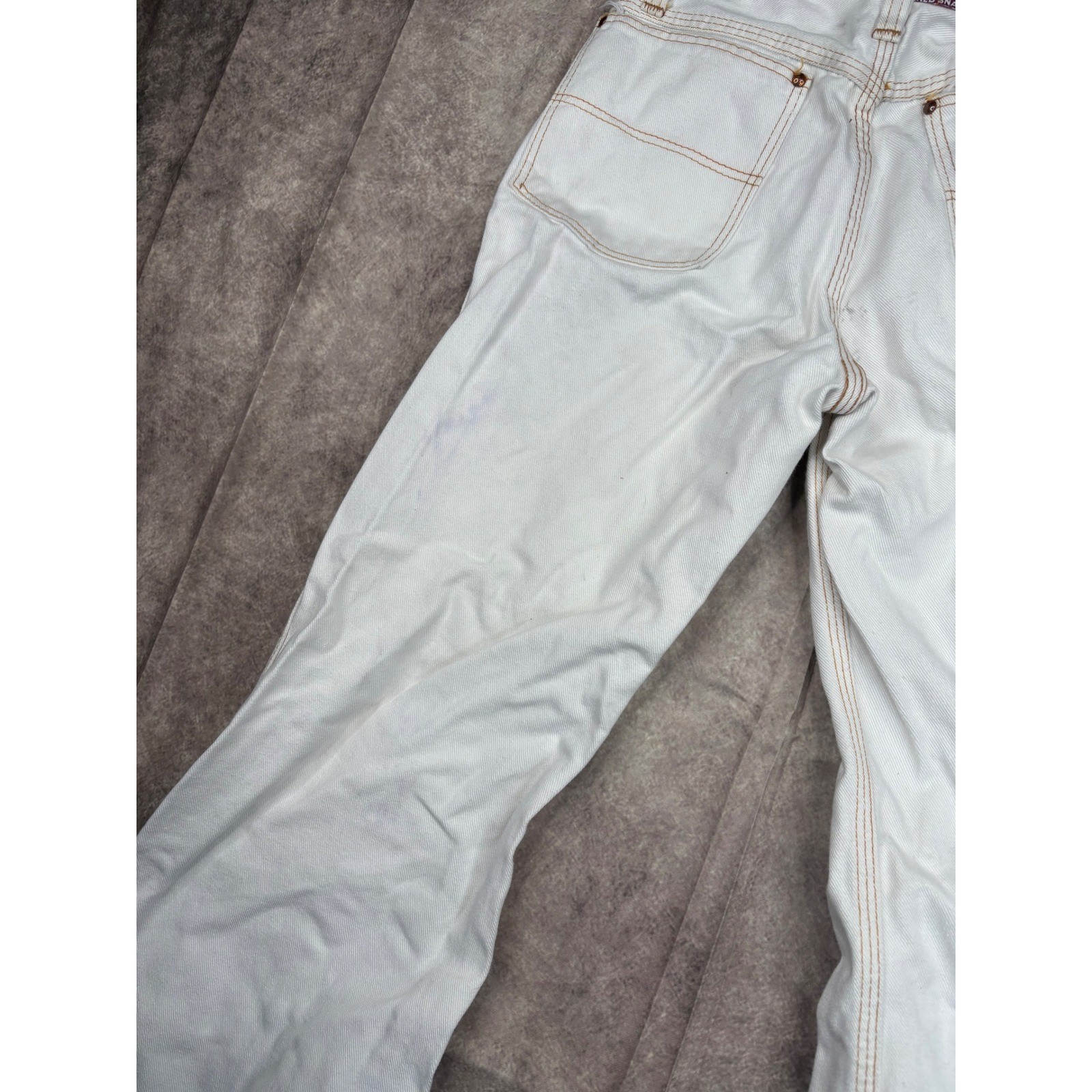 Red Snap White Denim Flared Jeans Contrast Stitch Workwear Size 26×29 Y2K 90s