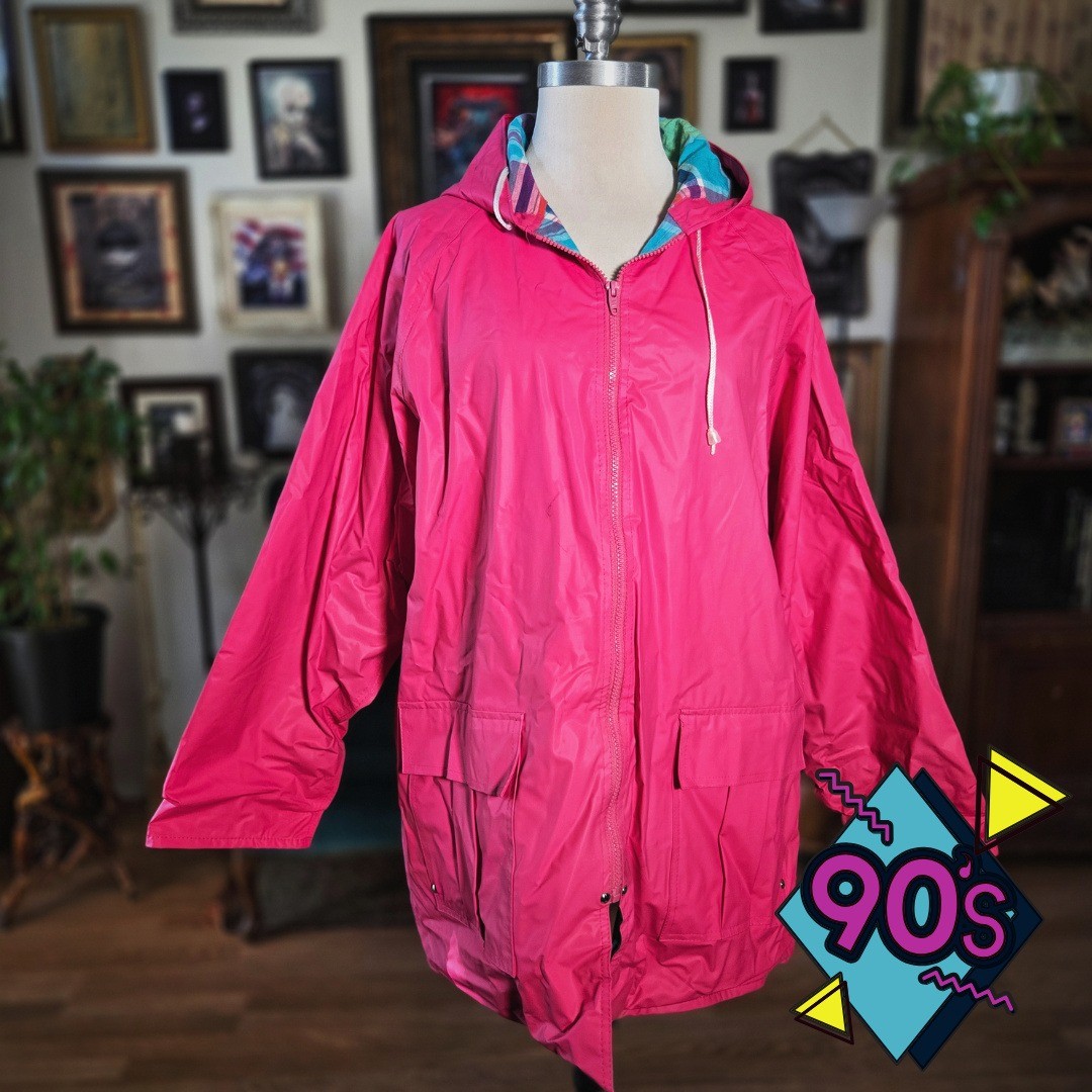 Misty Harbor Pink Raincoat Jacket Vintage 90s Plaid Lined Hooded Plus Size 3X