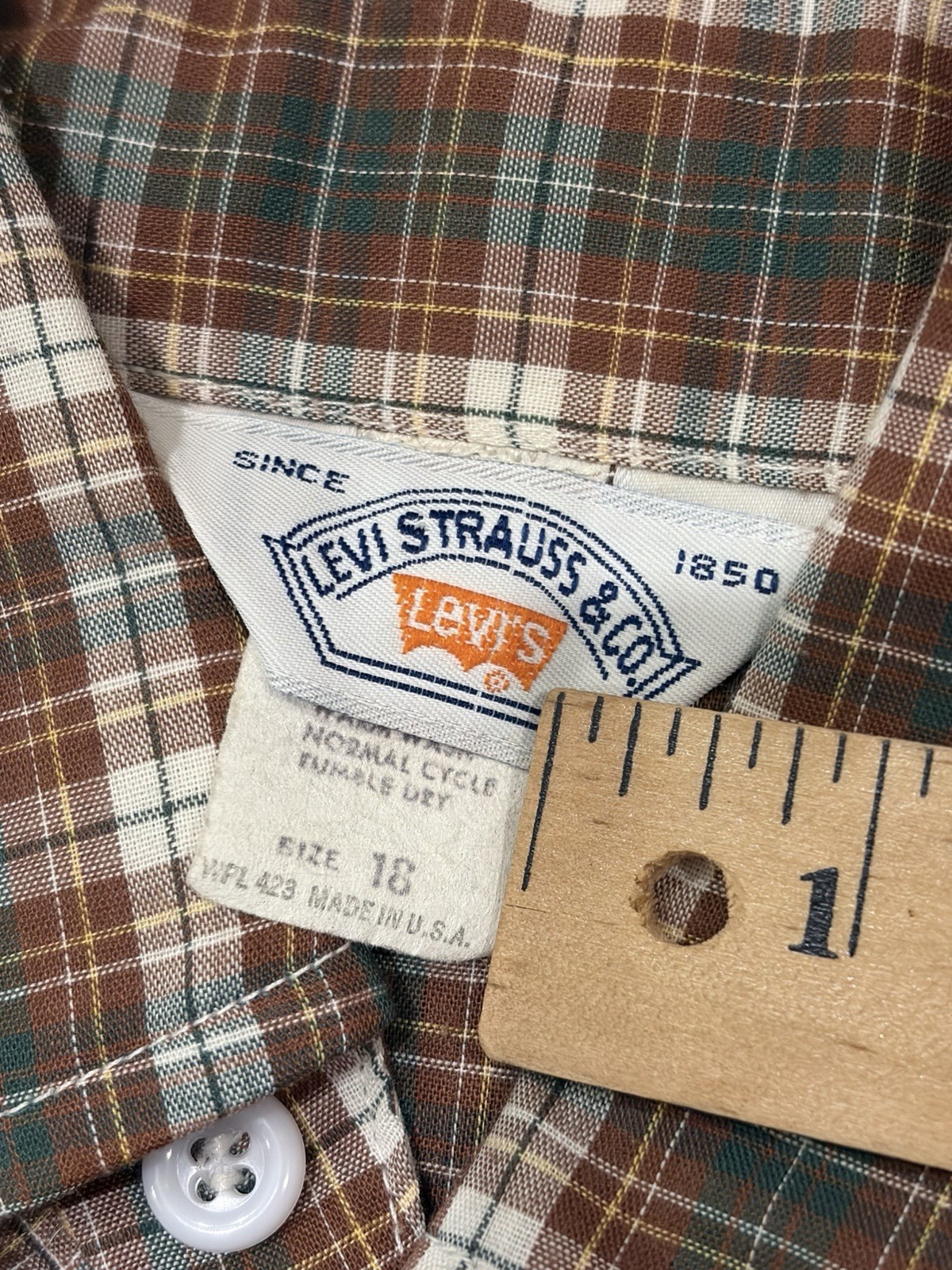 Vintage 70s Levi’s Plaid Button Up Shirt USA Youth 18 Fits Women’s XS S Brown