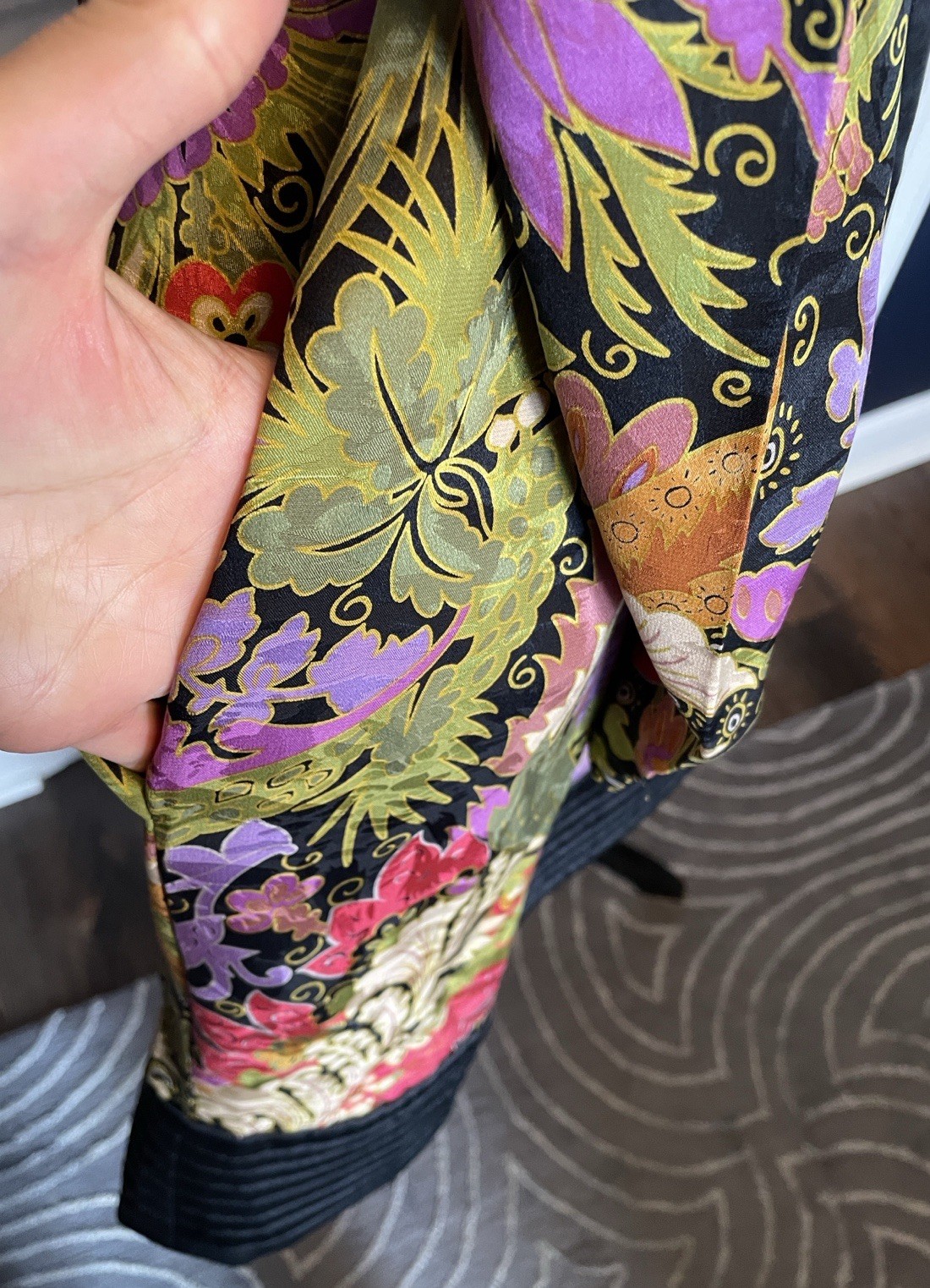 Vintage Luxury Silk Floral Coat Dress Quilted Trim Stanley Platos Martin Ross