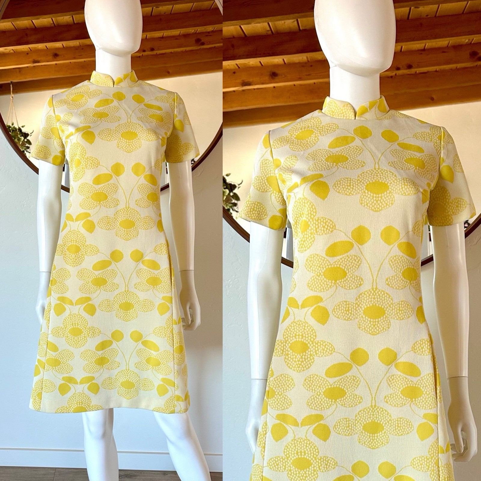 VTG 60&rsquo;S 70&rsquo;S GROOVY FLORAL YELLOW IVORY KNIT SHIFT DRESS FITS XS-S
