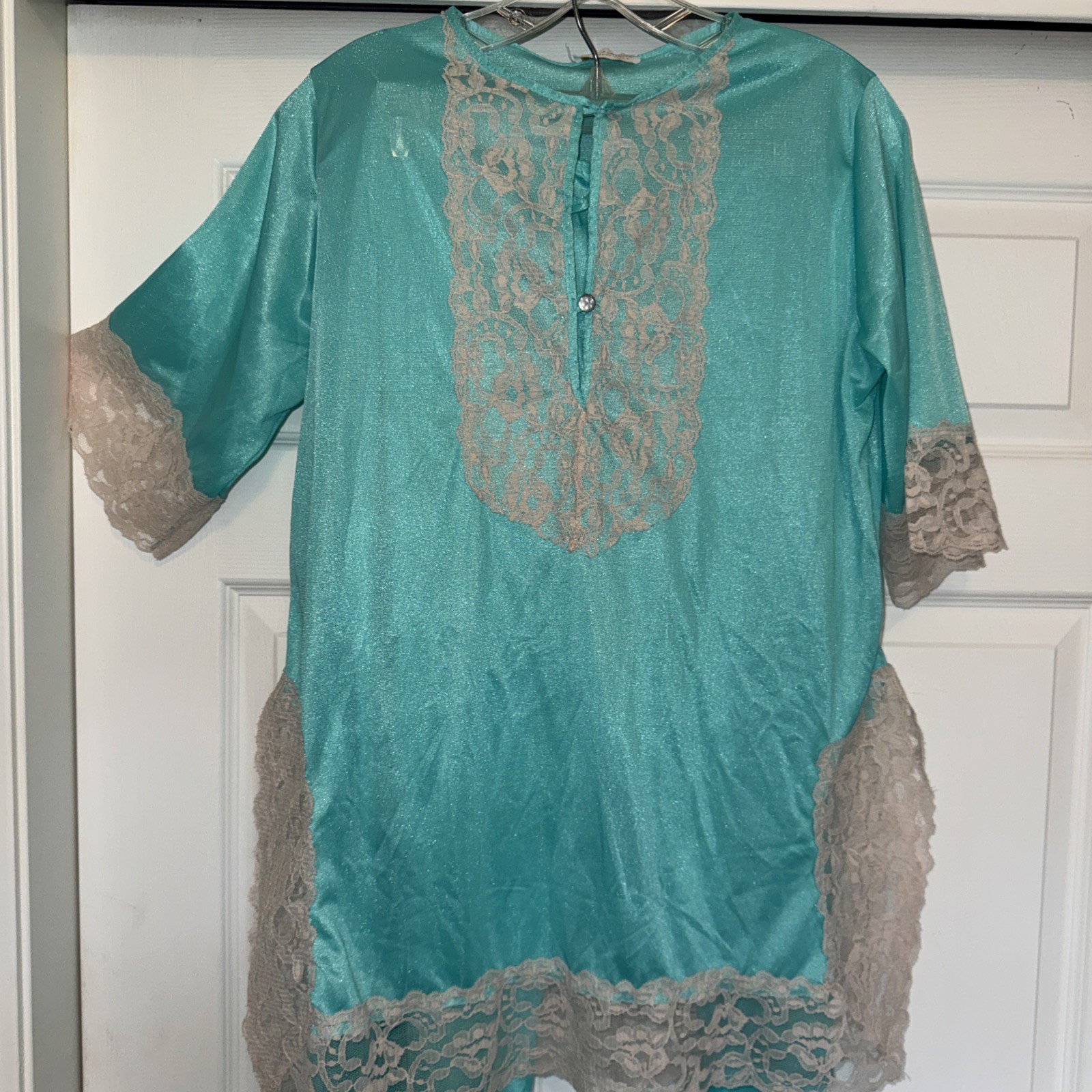 ERICA LOREN Vtg 1970s NYLON Pajama Set AQUA Blue Lace Trim SMALL Boho