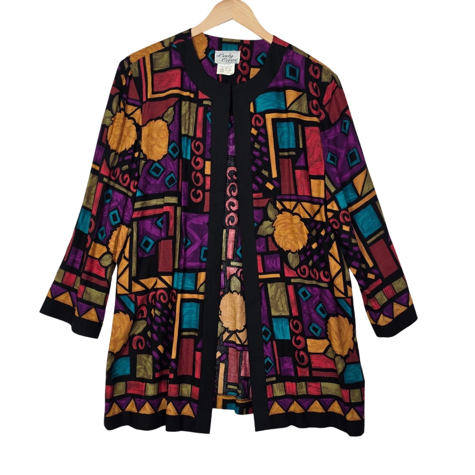 Lady Carol Womens Size 12 Multicolor Geometric Floral Open Front Jacket Vtg