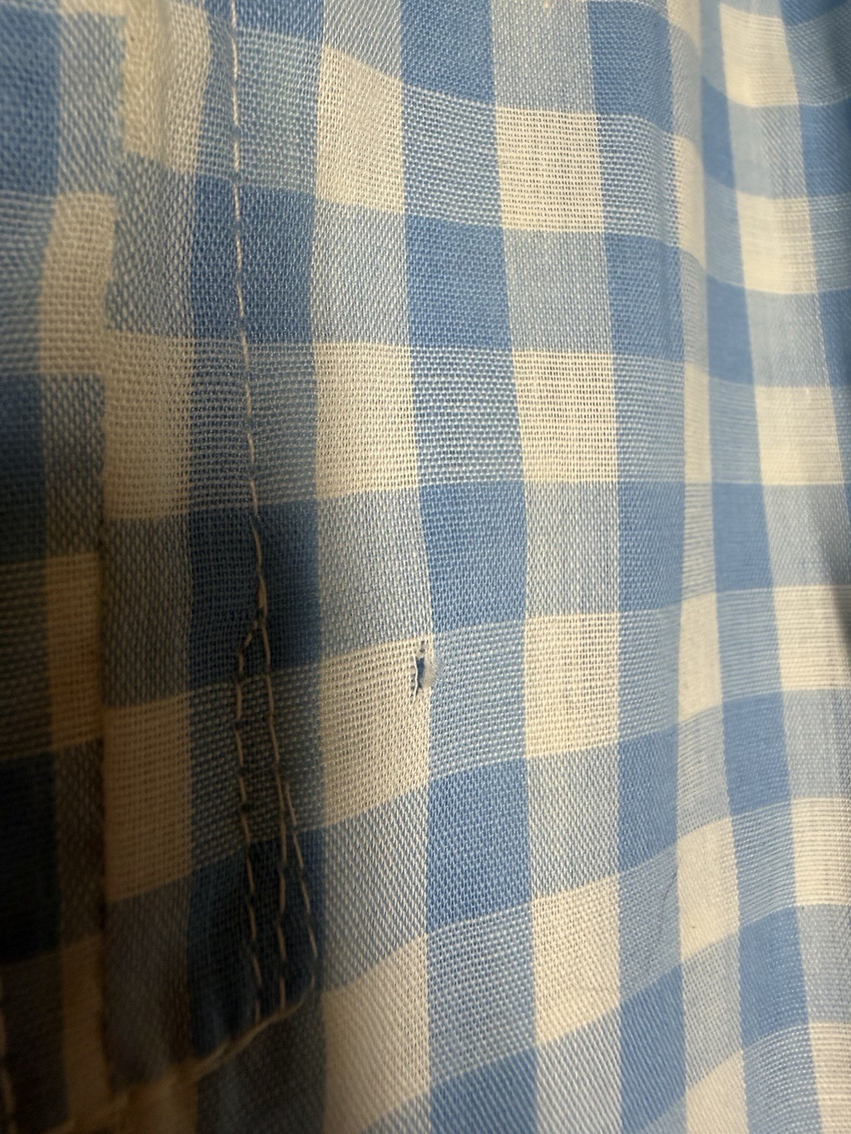 VTG 70s Gingham House Dress Duster Blue Pink Star Zipper Lace Trim Pockets Sz L