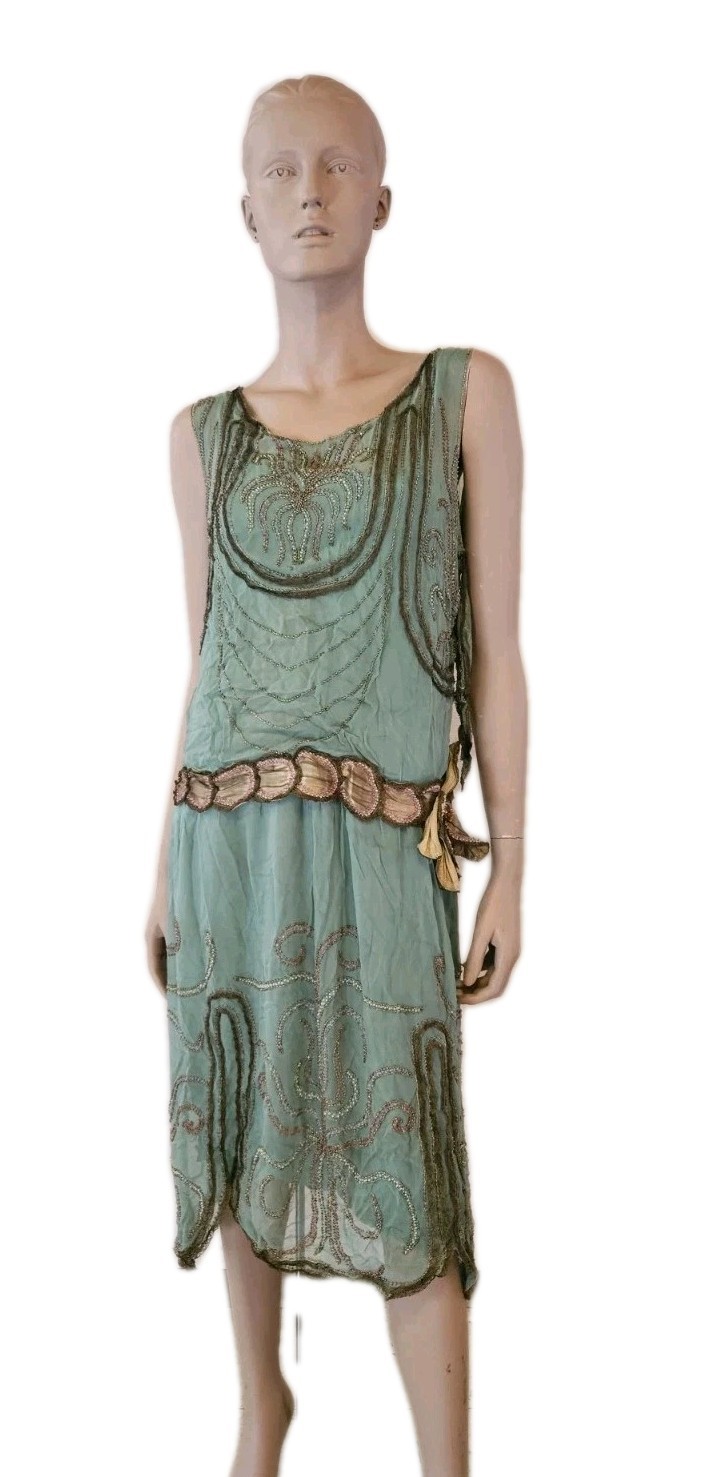 Antique 1920s French Beaded Flapper Dress Gold Lace Vintage Art Deco Bust 36