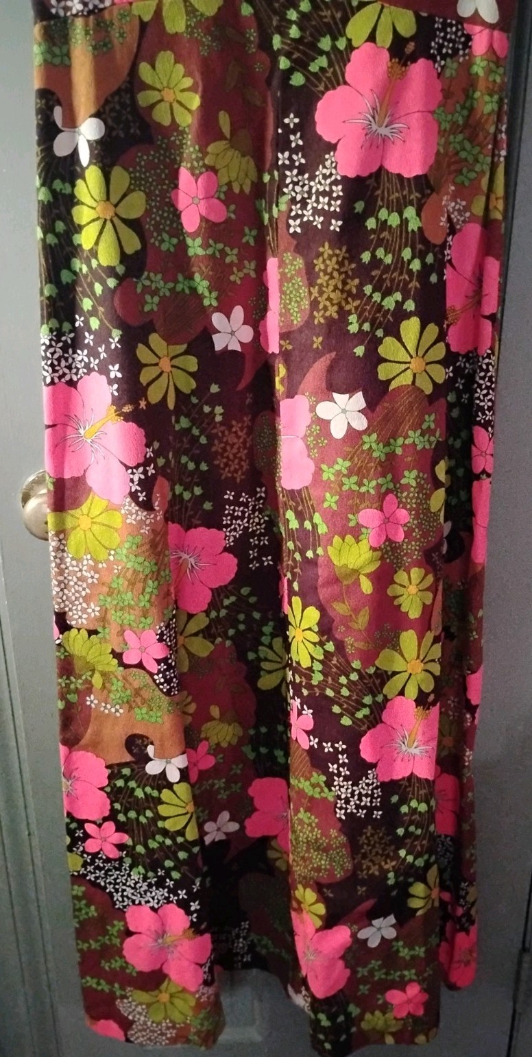 Vtg 60s Hukilau Fashions Hawaiian Barkcloth Maxi Dress 14 Hibiscus Pink Brown