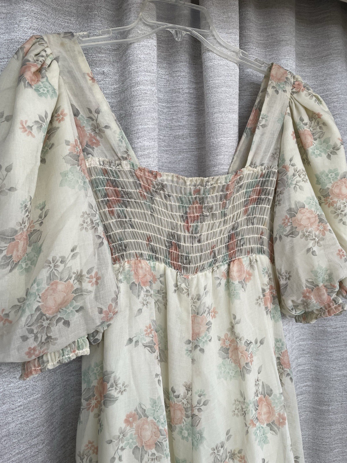Vintage 70s Phase II California Prarie Floral Boho Sax Style Maxi Dress Sz 11