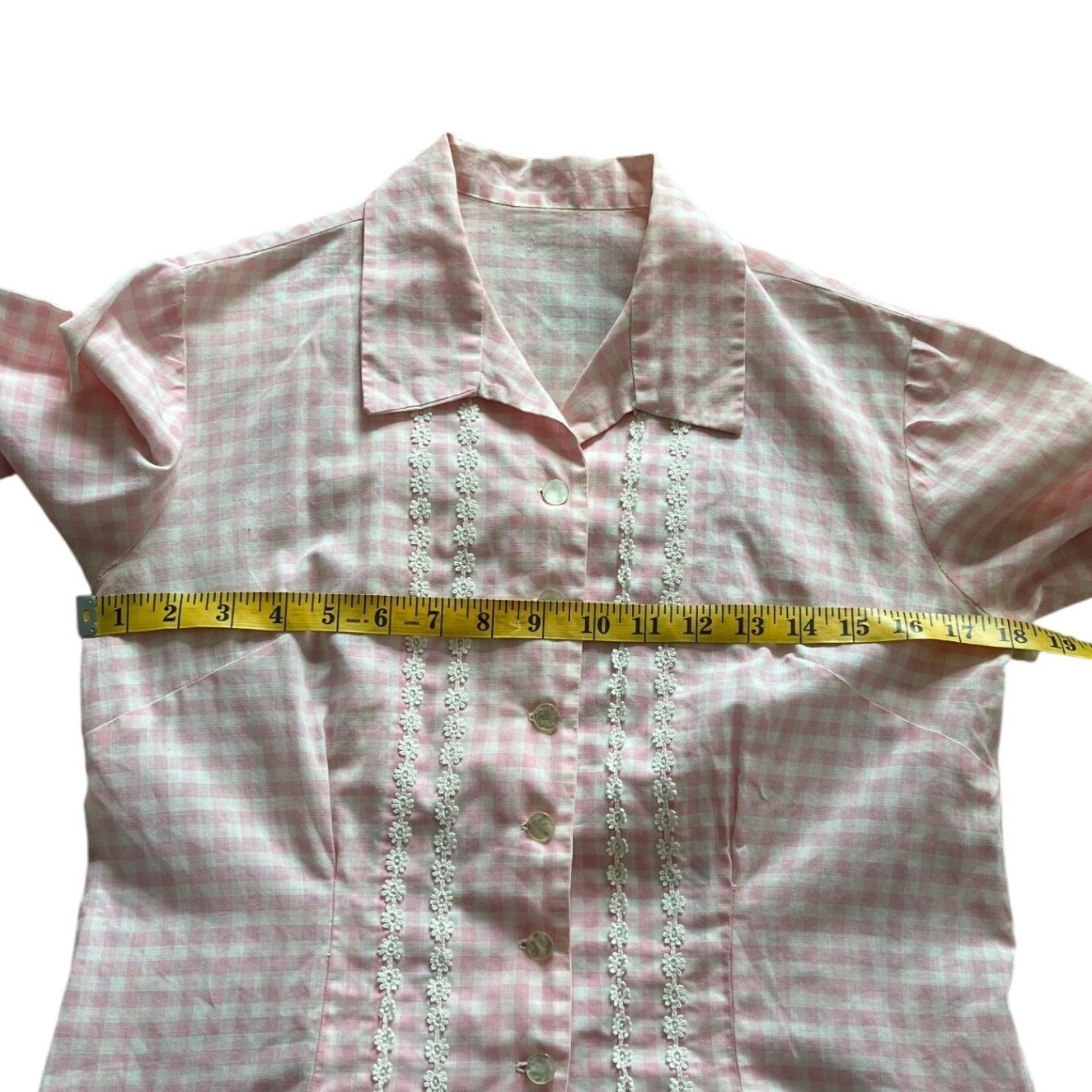 Handmade Vintage 60s Pink Gingham Two Piece Set Floral Lace Cottagecore Sz S