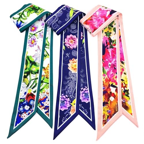 Skinny Scarf 3 Pack for Women – Silk-Like Twill Bag & Purse Scarves, Mg-bs-104