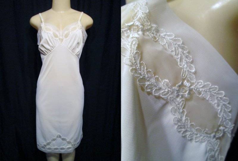 White Nylon Tricot FULL Slip Lace 34 NOS New Vintage 50s MOJUD #1042 Lace
