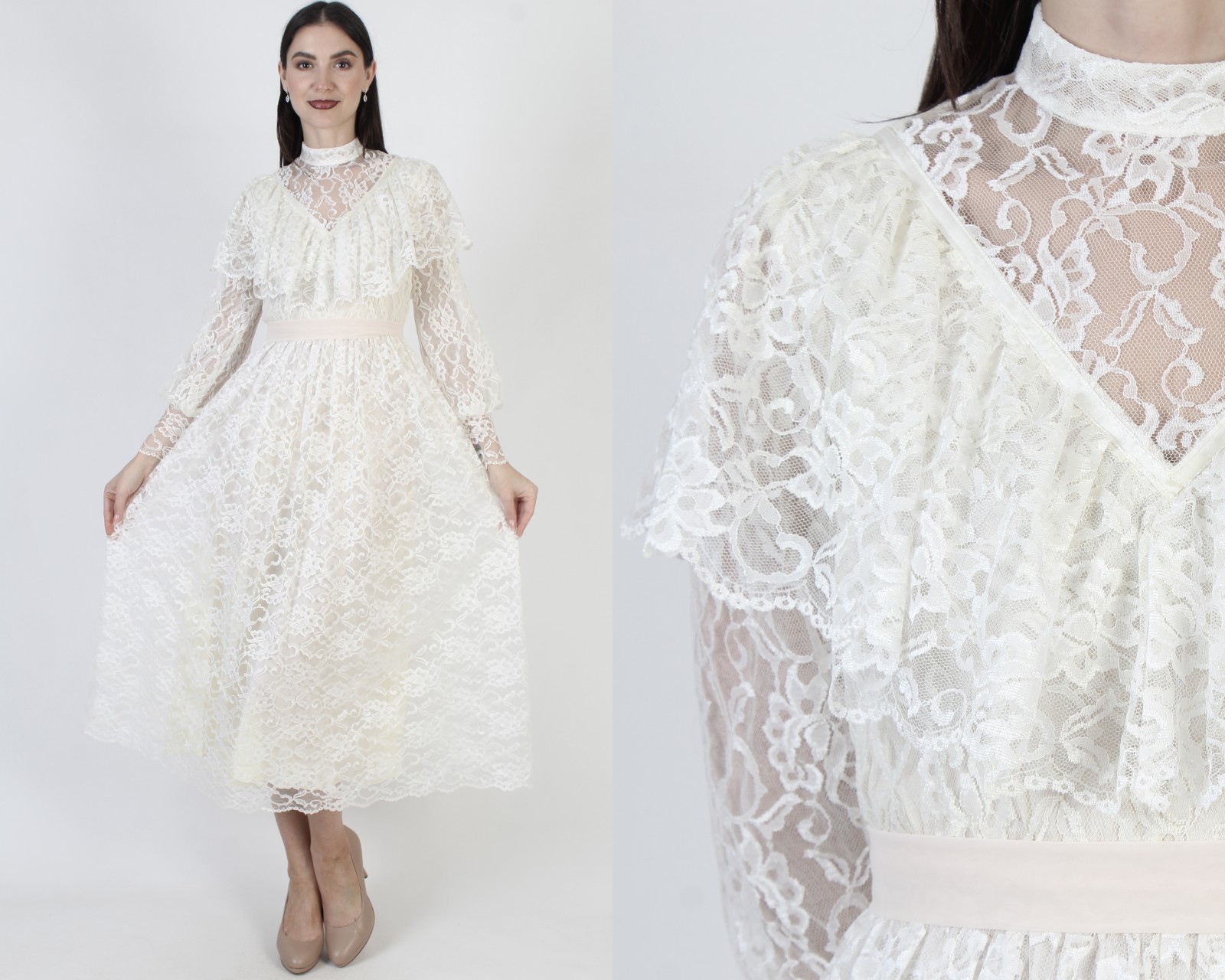 Vtg 70s Victorian Lace Dress Sheer Boho Edwardian Cottage Prairie Wedding Gown